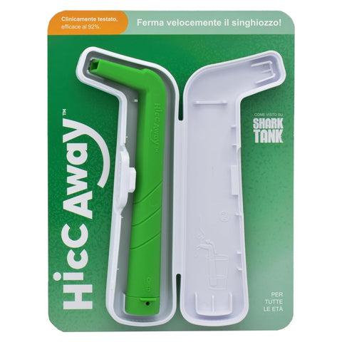 HICCAWAY front view showing the green anti-hiccup straw and benefit of instant relief