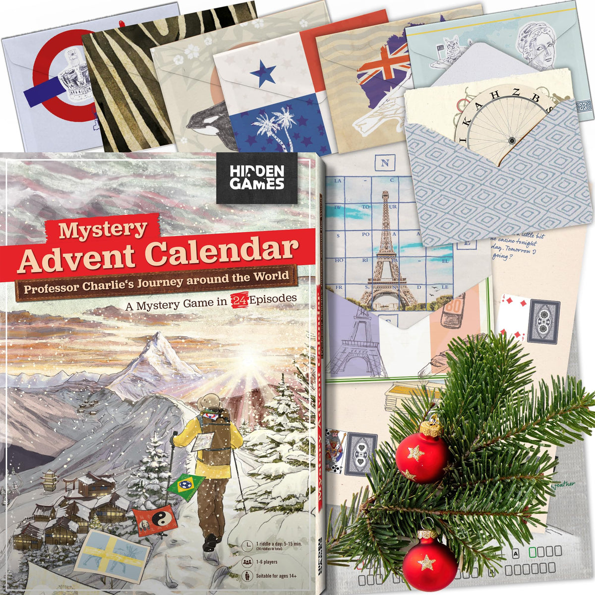 Hidden Games front packaging showing calendar and branding, inviting holiday mystery play