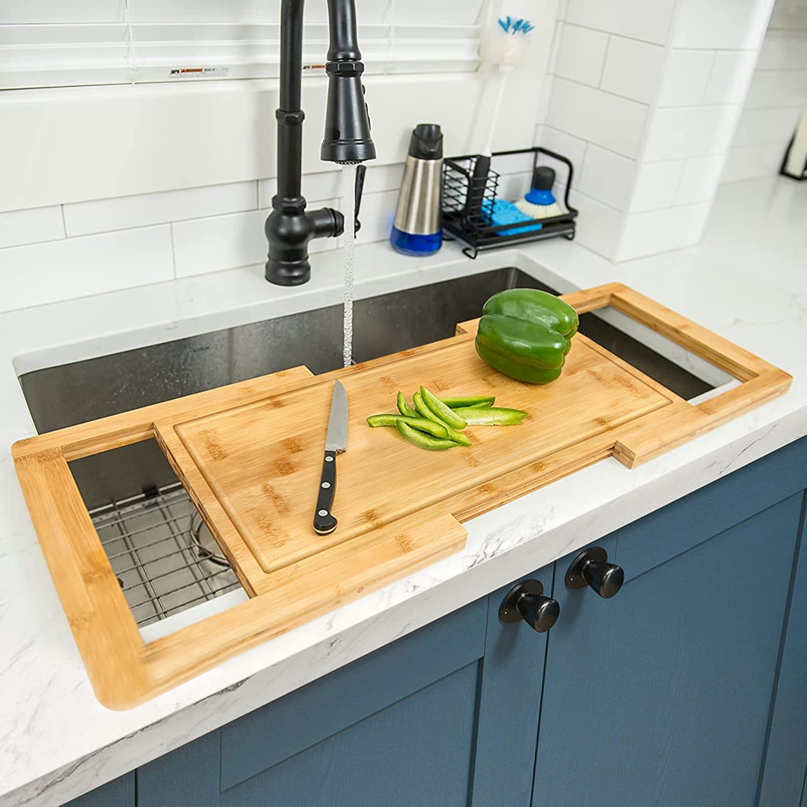 Hifybaty front view of the over-the-sink bamboo cutting board showing design and finish benefit: extra workspace