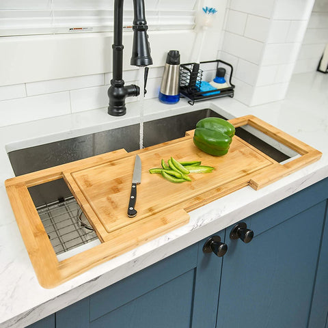 Hifybaty front view of the over-the-sink bamboo cutting board showing design and finish benefit: extra workspace