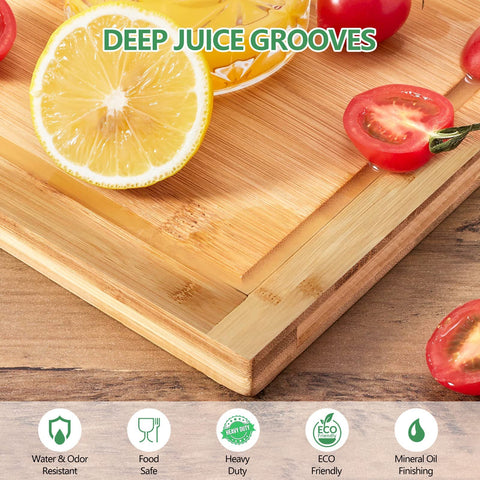 Hifybaty cutting board in use over sink with vegetables showing cleanup benefit: debris drains away