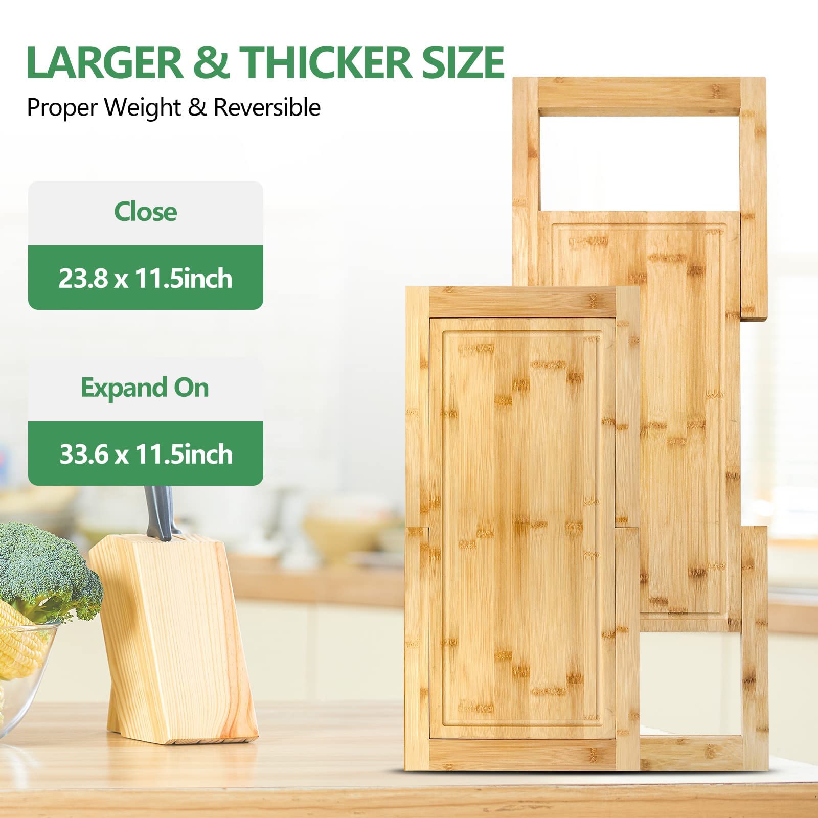 Hifybaty board beside a chef knife showing scale benefit: ample cutting area for meal prep