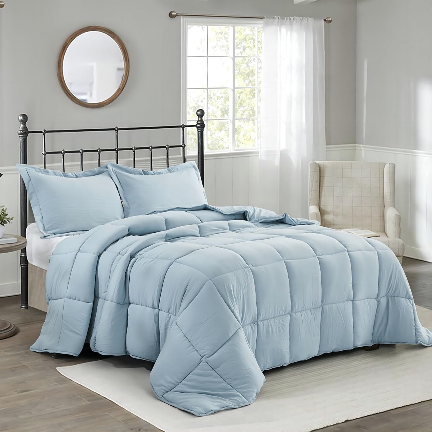 HIG blue comforter front view showing full coverage and neat finish benefits sleep comfort