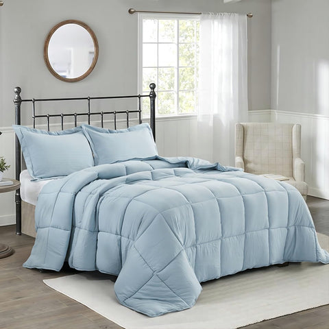 HIG blue comforter front view showing full coverage and neat finish benefits sleep comfort