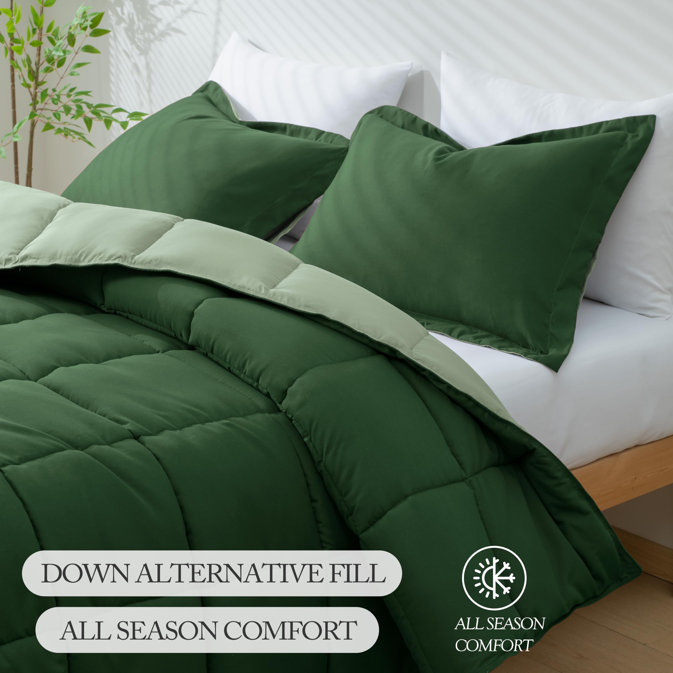 HIG comforter styled on queen bed demonstrating full coverage and drape