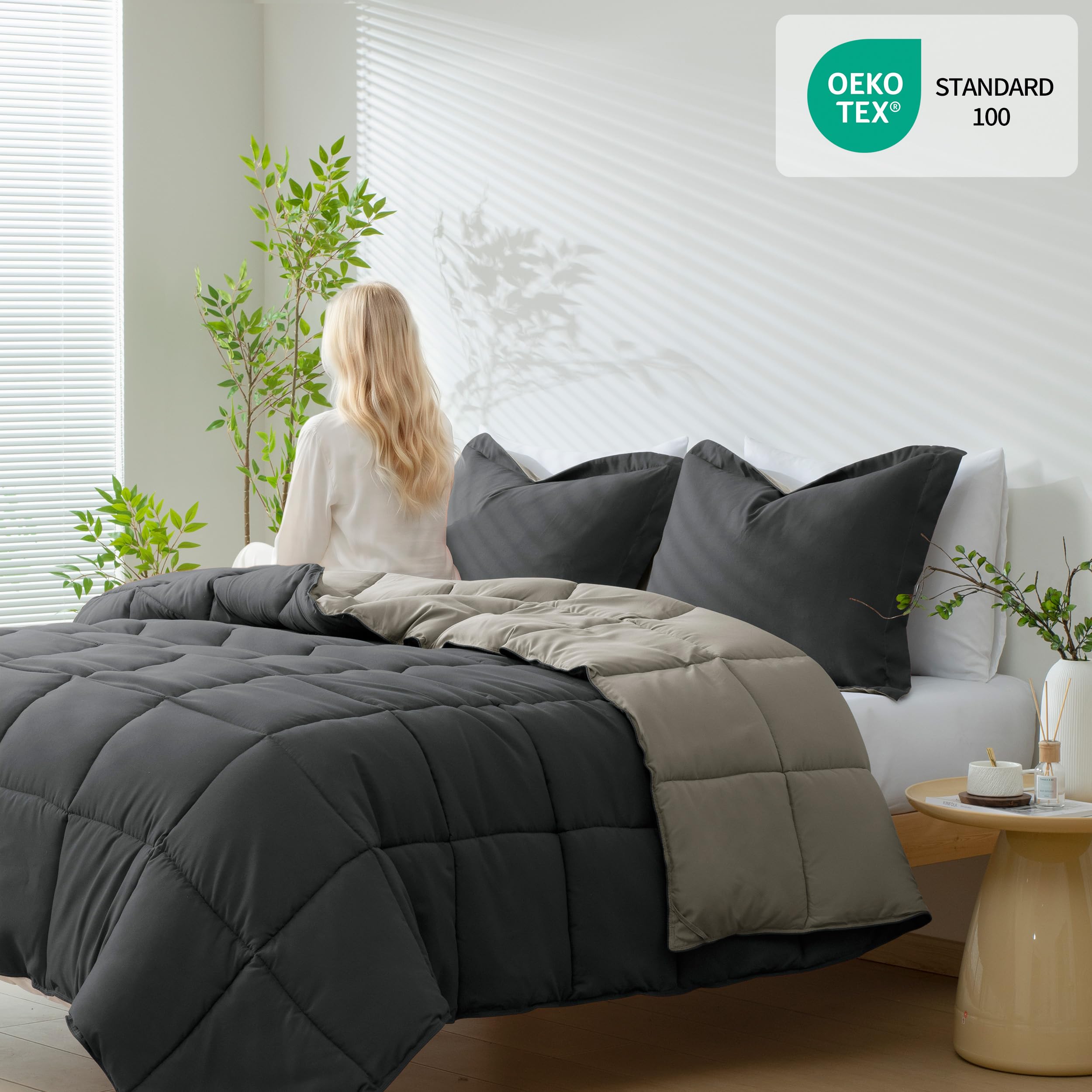 HIG comforter next to ruler showing 90x92 size for full and queen fit benefit