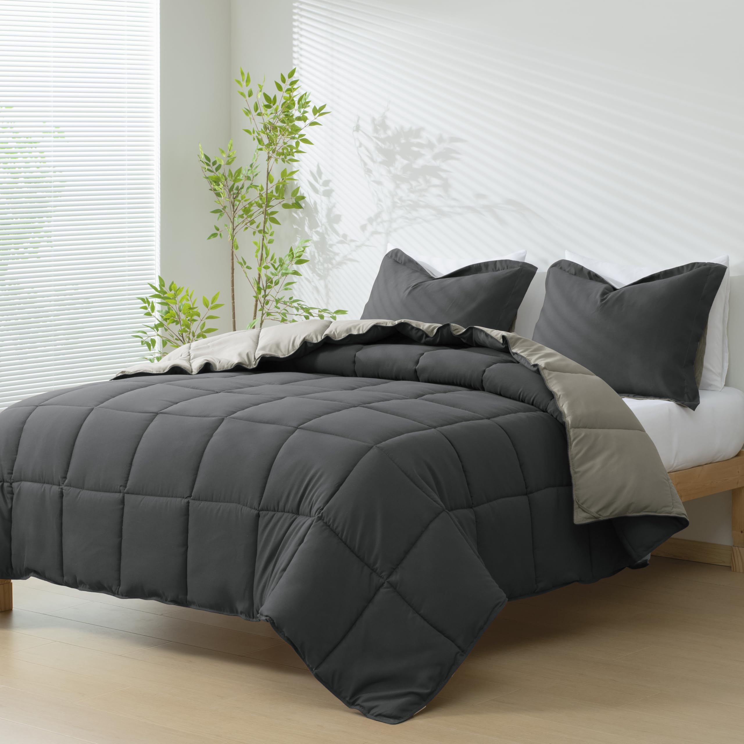 HIG comforter front view showing reversible modern gray and easy styling benefit