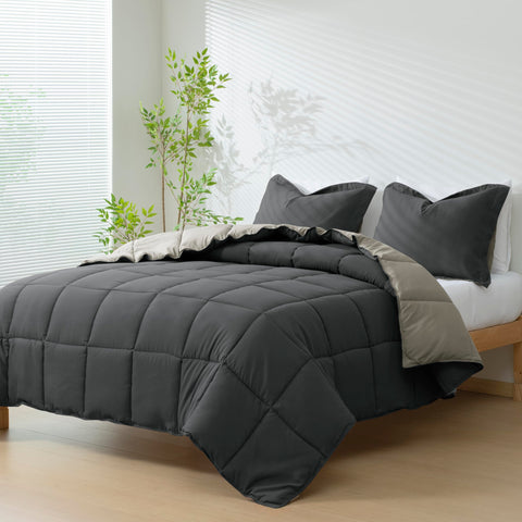 HIG comforter front view showing reversible modern gray and easy styling benefit