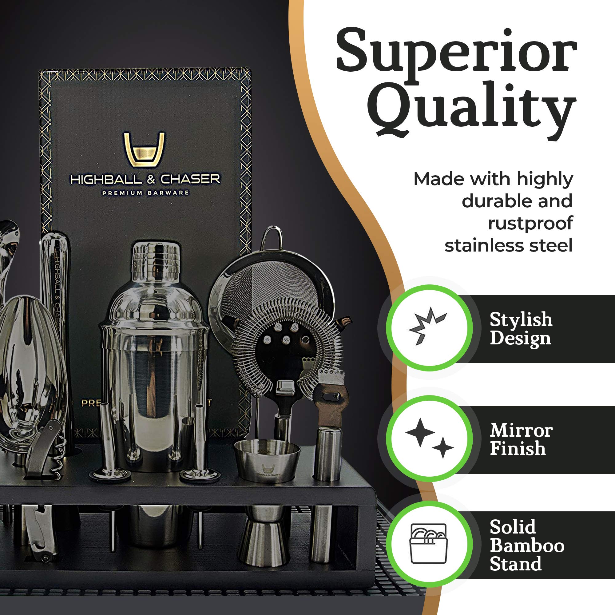 Highball & Chaser tools arranged on countertop highlighting organized, ready-to-use bar set benefit