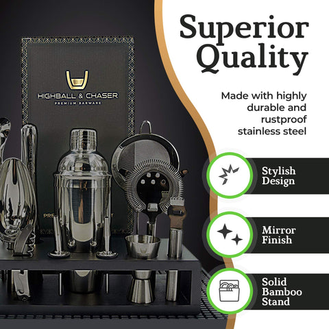 Highball & Chaser tools arranged on countertop highlighting organized, ready-to-use bar set benefit