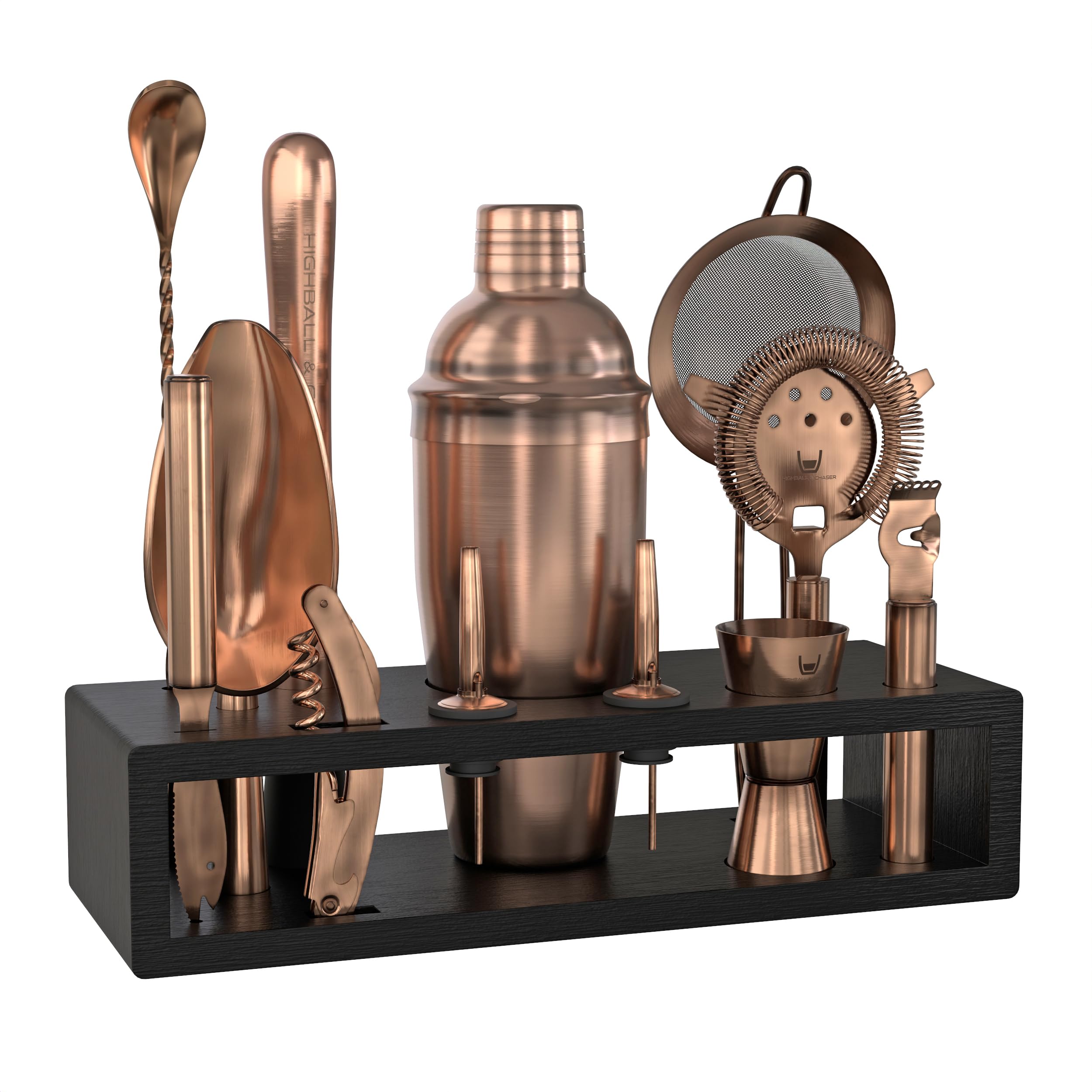 Highball & Chaser cobbler shaker front view showing sleek antique copper benefits organized pouring