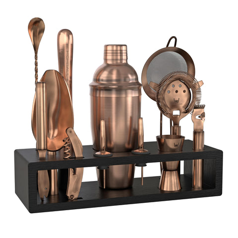 Highball & Chaser cobbler shaker front view showing sleek antique copper benefits organized pouring
