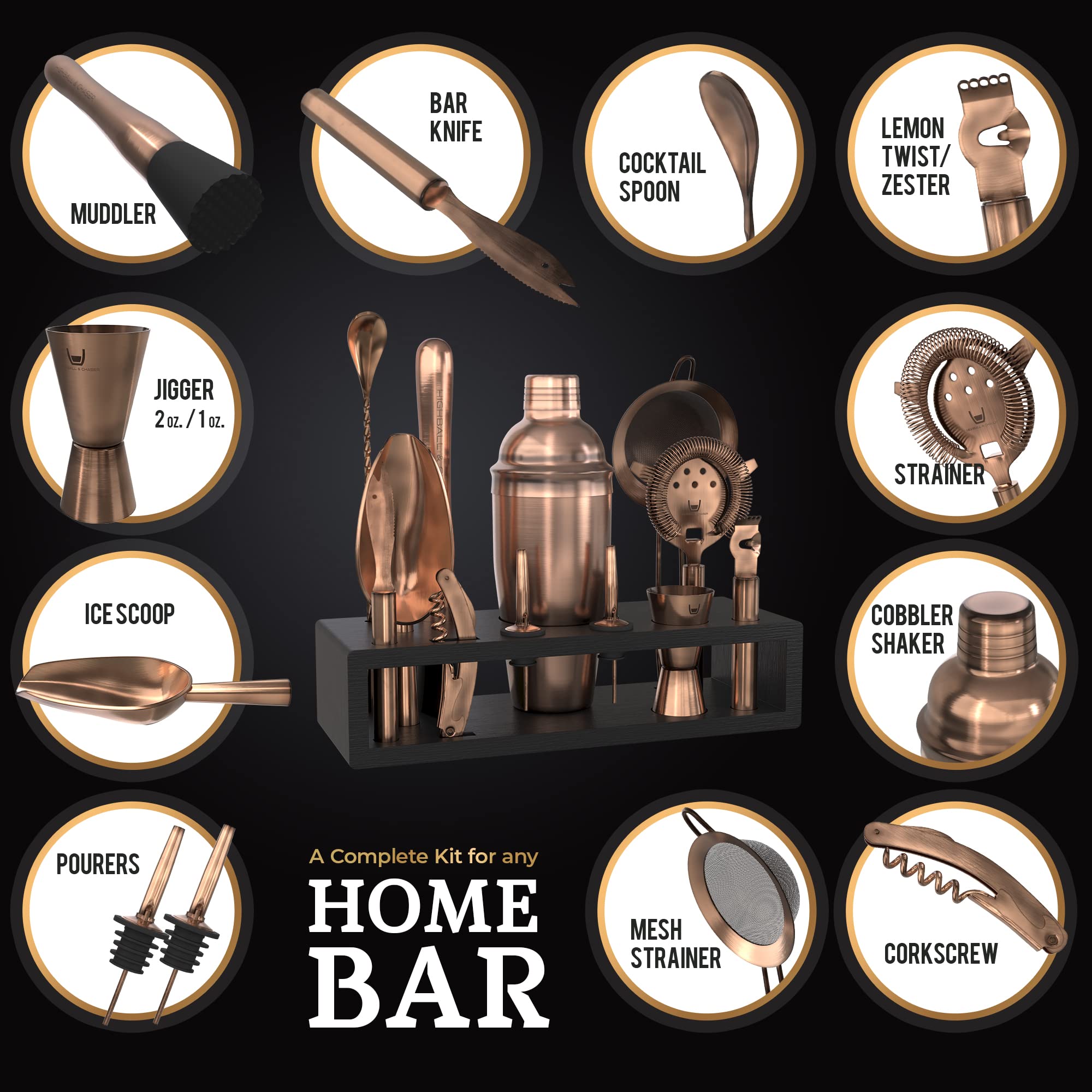 Highball & Chaser espresso bamboo stand holding full bar tool set for tidy countertop storage