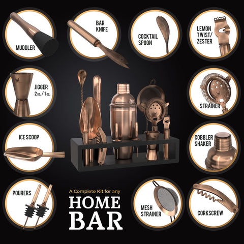 Highball & Chaser espresso bamboo stand holding full bar tool set for tidy countertop storage