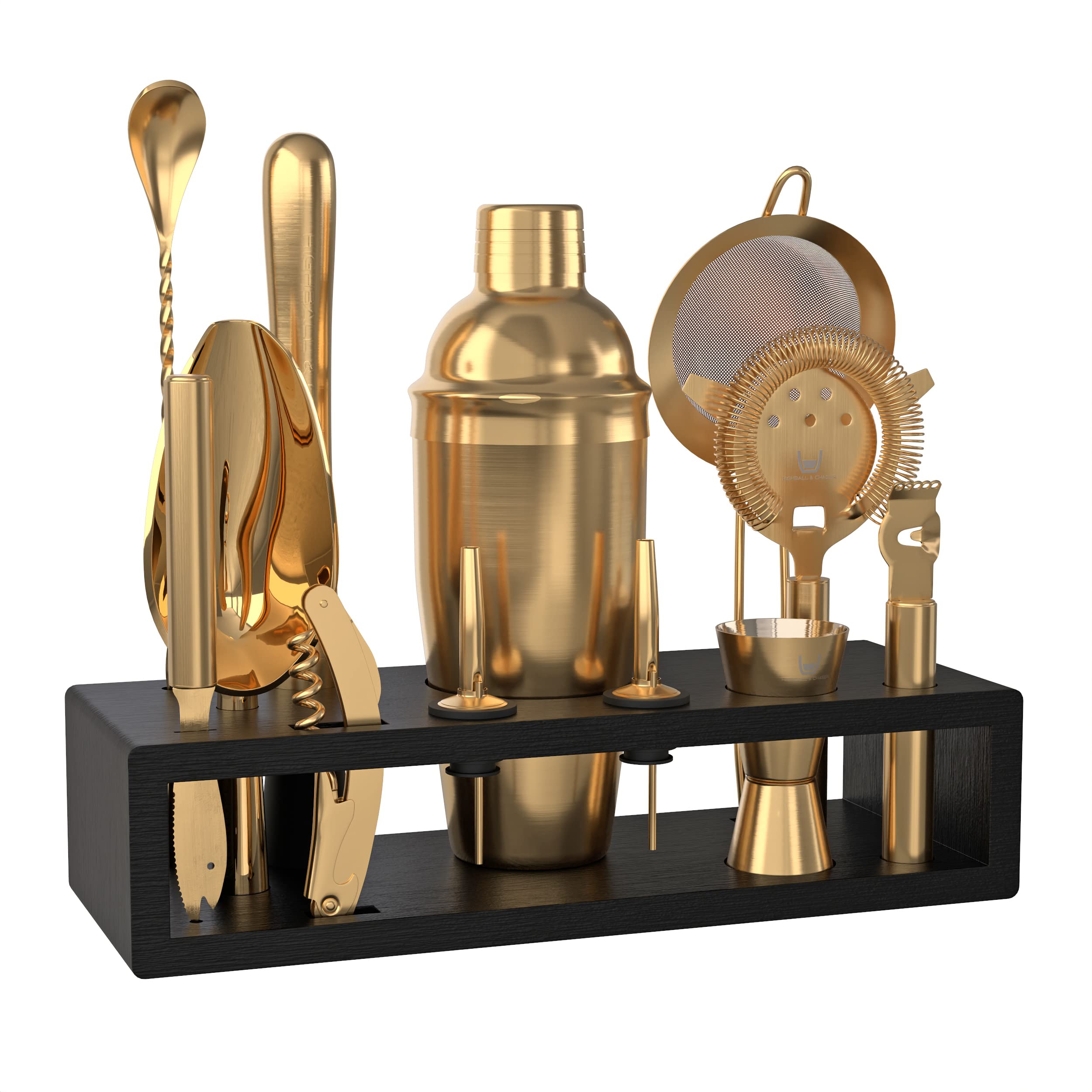 Highball & Chaser front view with bamboo stand and arranged tools highlighting organized storage