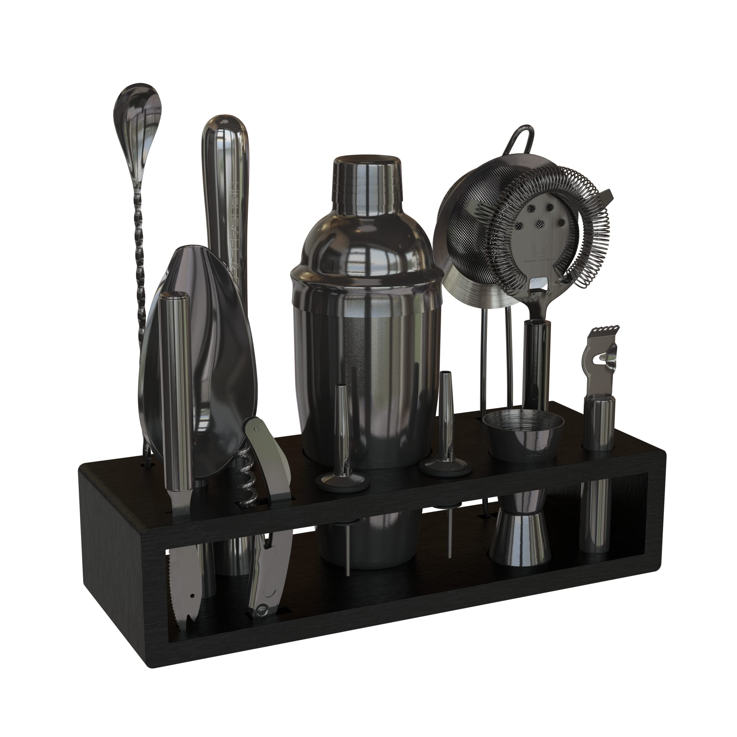 Highball & Chaser front packaging showing complete matte black bartender kit and gift box benefit