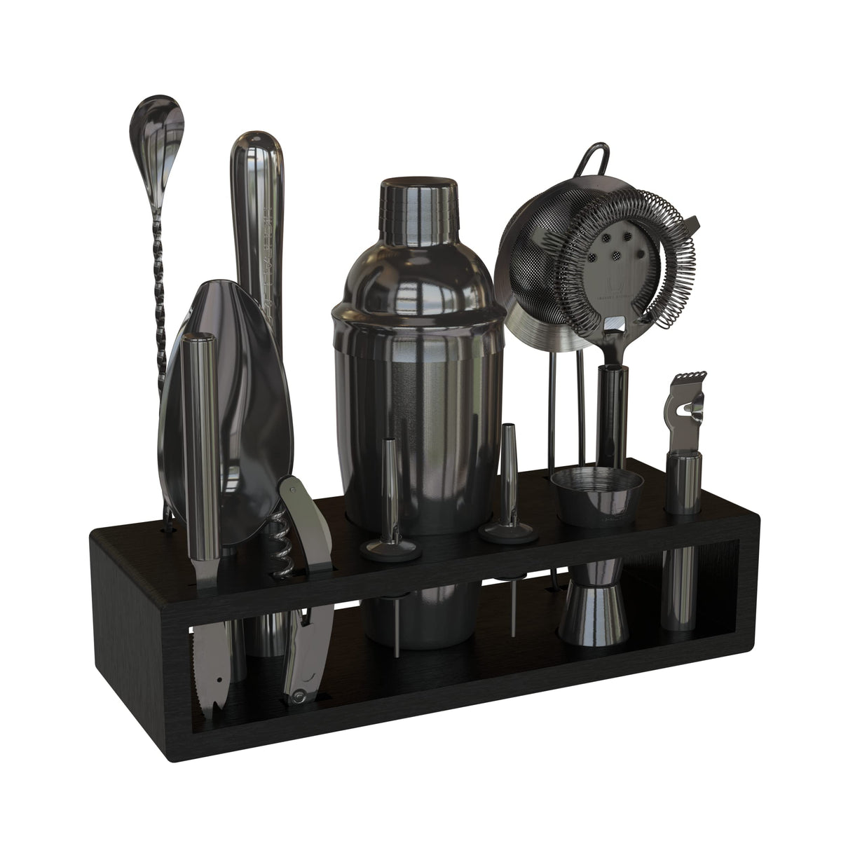 Highball & Chaser front packaging showing complete matte black bartender kit and gift box benefit