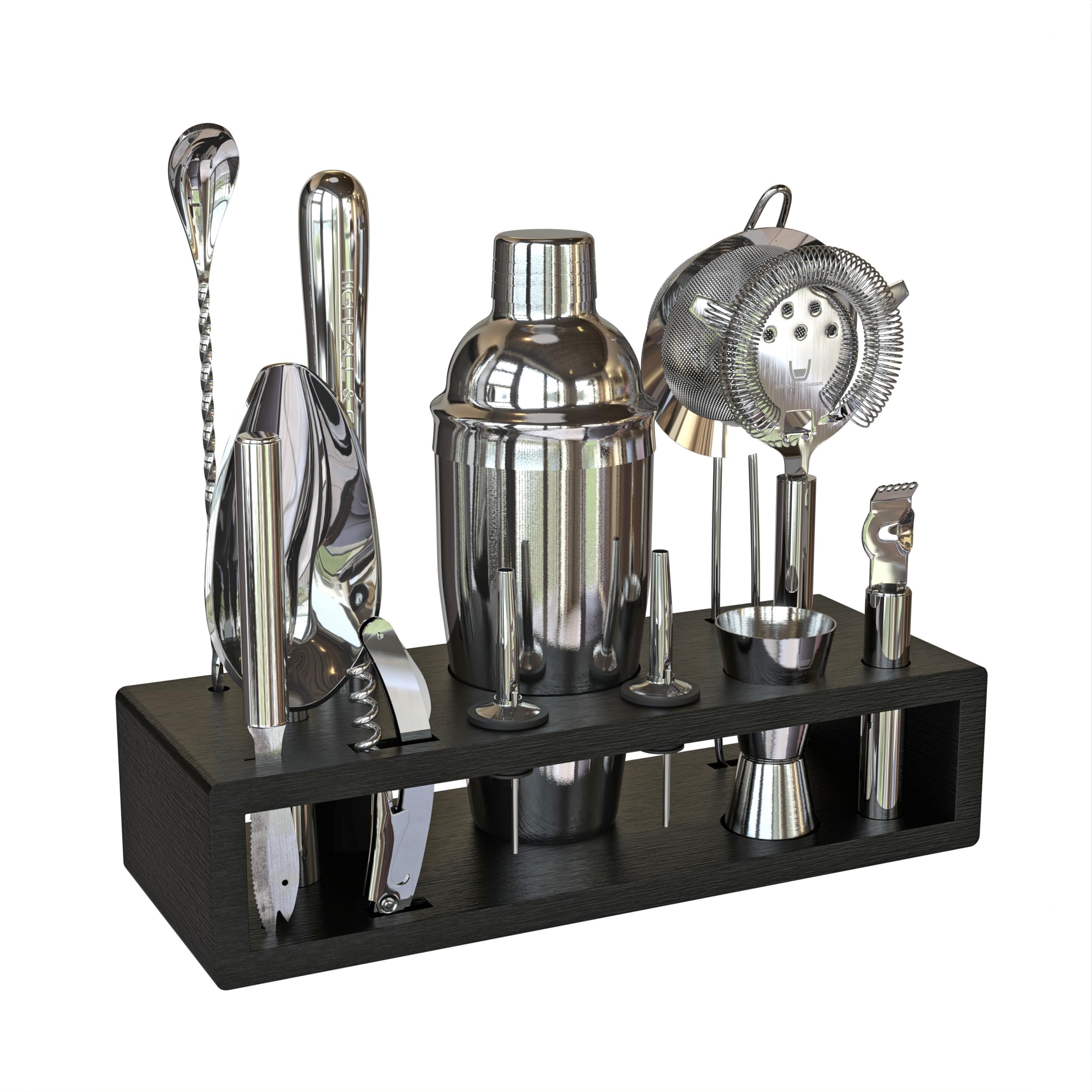Highball & Chaser front view of shaker set showing complete kit and polished finish
