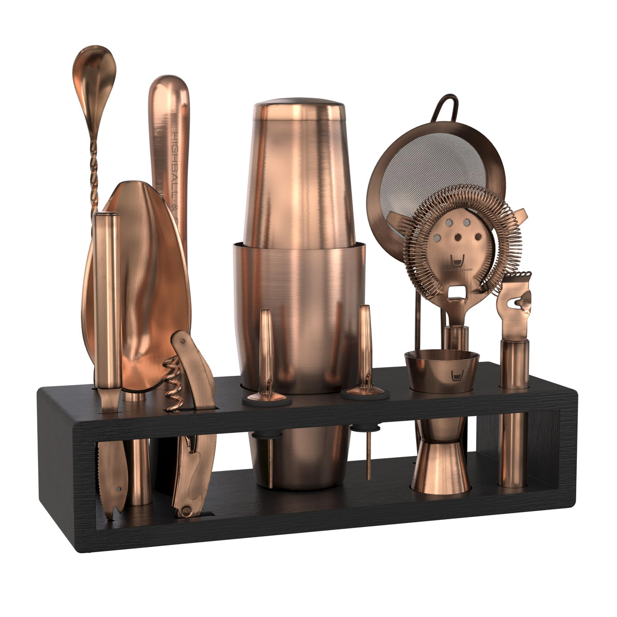 Highball & Chaser front view of full kit showing antique copper shaker and black bamboo stand for stylish storage
