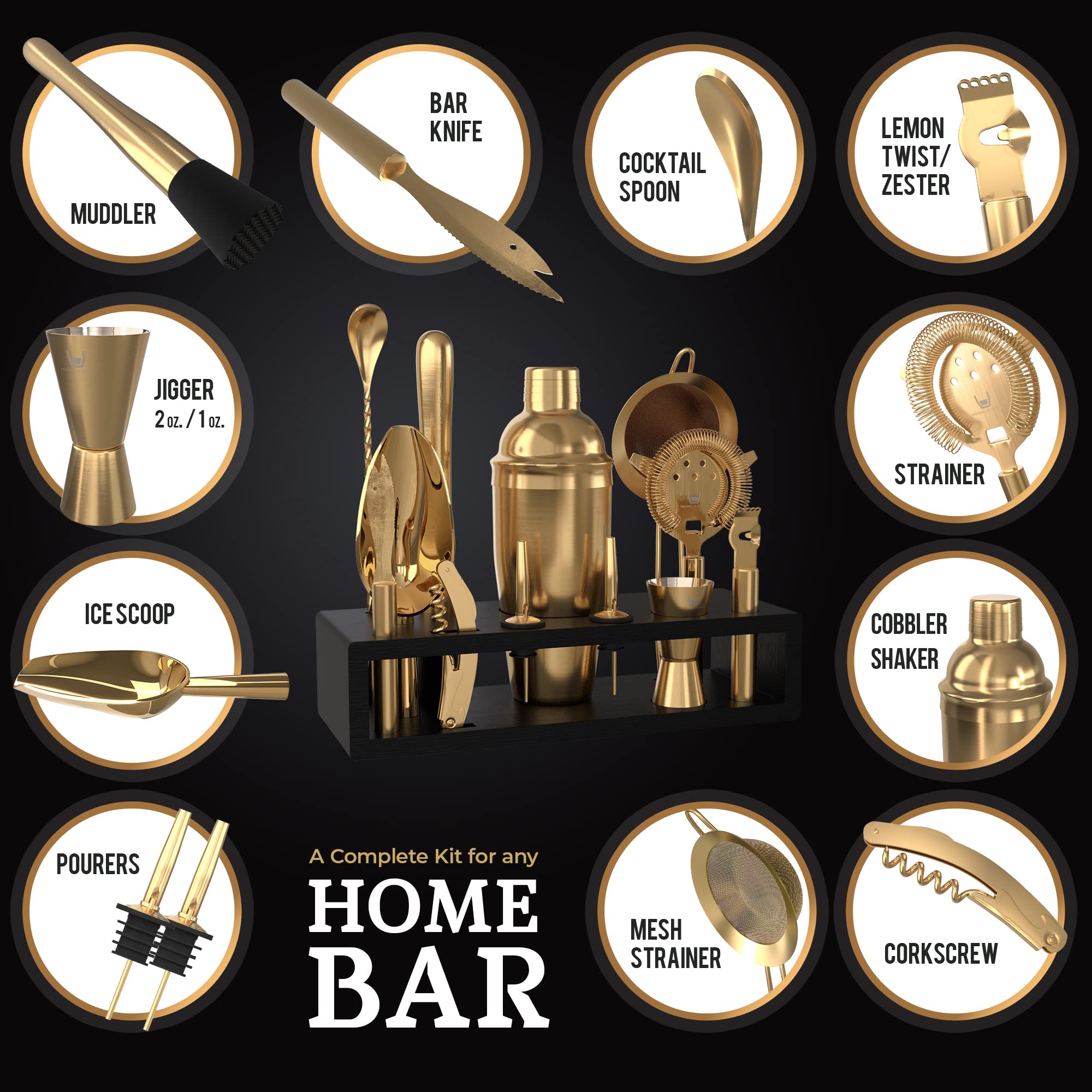 Highball & Chaser matte gold cobbler shaker close-up showing leakproof seal and polished finish benefit
