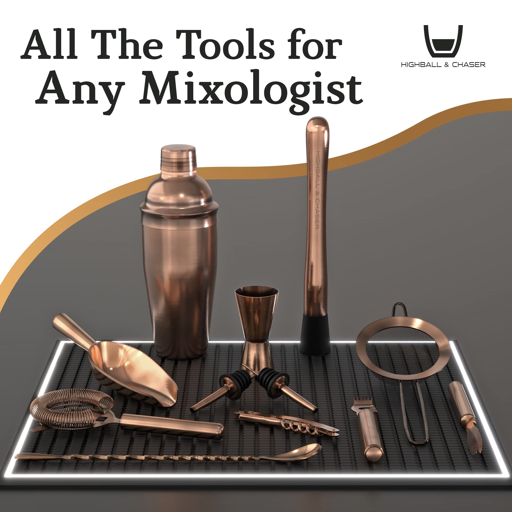 Highball & Chaser tools in use mixing a cocktail on a marble counter for easy home entertaining