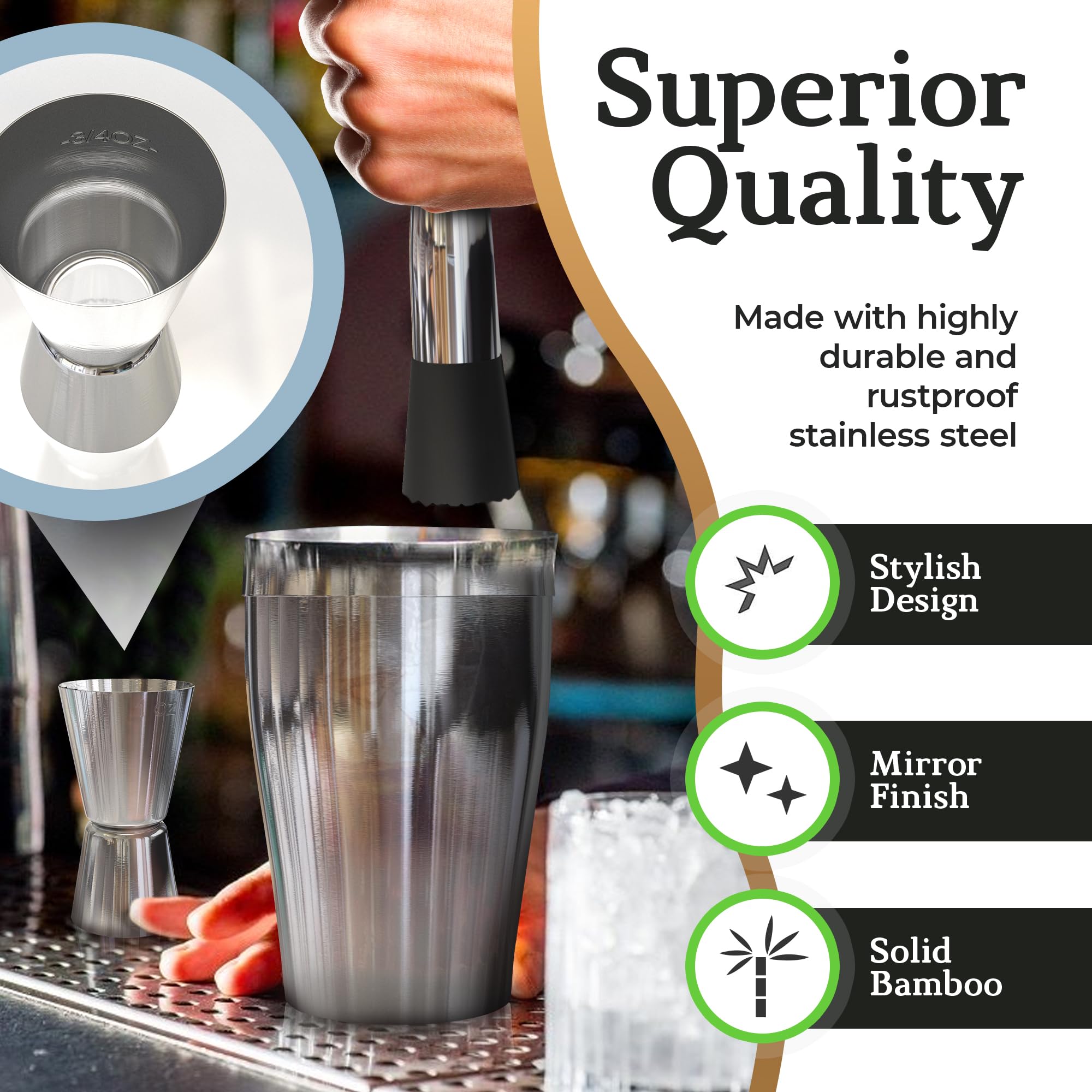 Highball & Chaser kit shown next to glassware to illustrate home bar scale