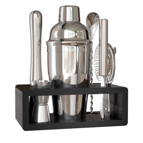 Highball & Chaser front view of silver shaker set showing complete kit benefit