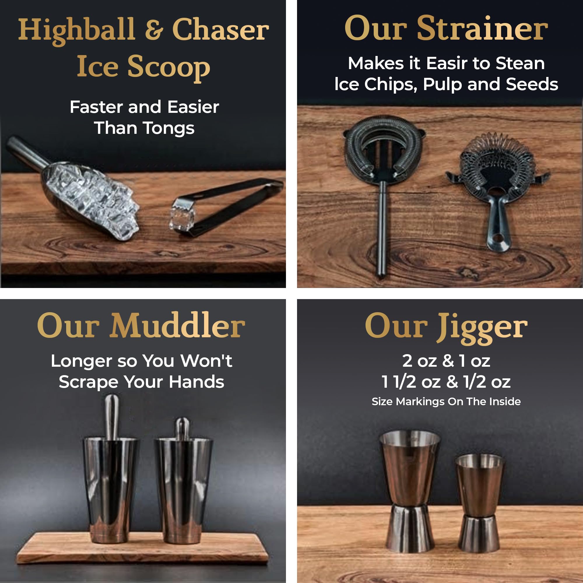 Highball & Chaser tools in use while mixing cocktail showing ease of use and professional results benefit