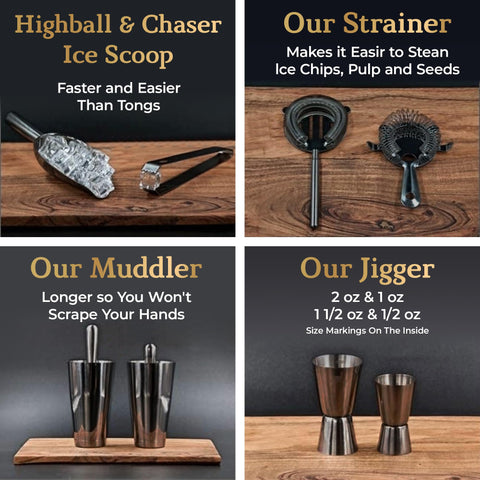 Highball & Chaser tools in use while mixing cocktail showing ease of use and professional results benefit