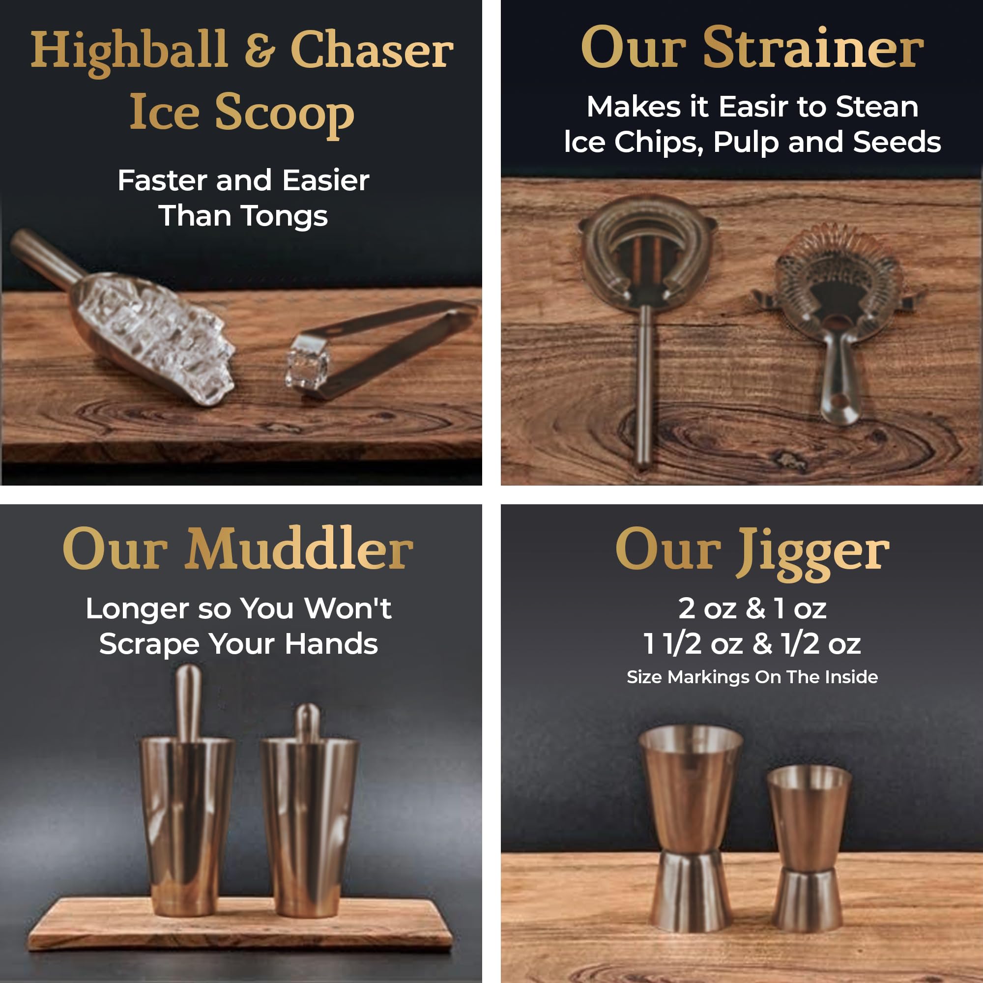 Highball & Chaser bar tools laid out overhead showing included pieces for complete cocktail prep