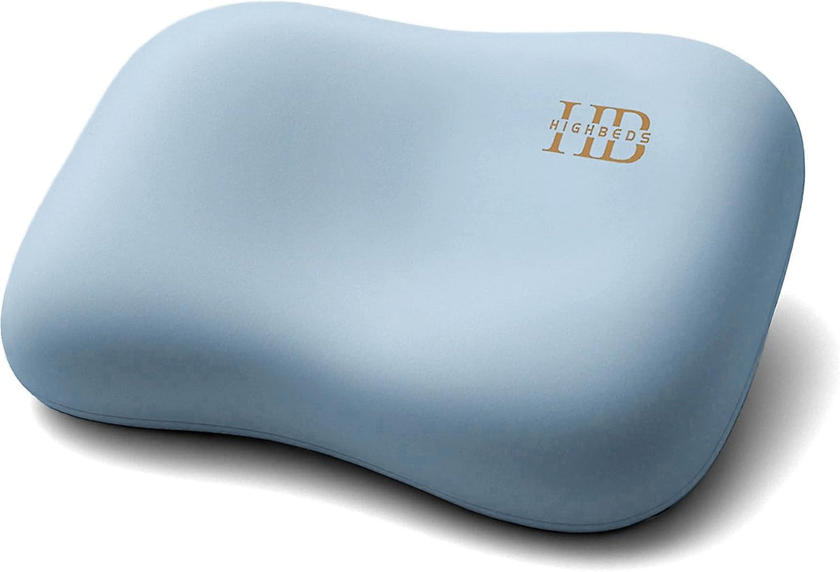 HighBeds front view of pillow in blue showing ergonomic shape and instant neck support