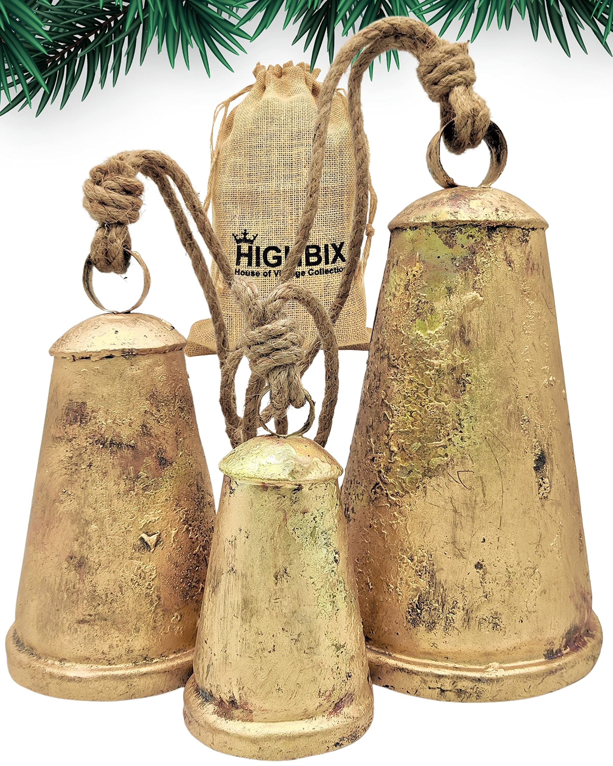 HIGHBIX front view of three giant handmade cone bells showing rustic brass finish and visual impact