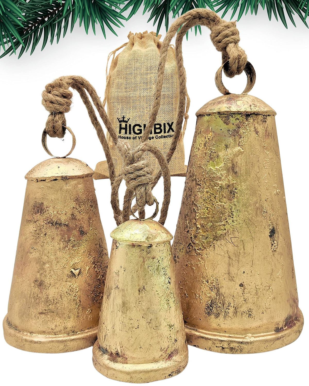 HIGHBIX front view of three giant handmade cone bells showing rustic brass finish and visual impact