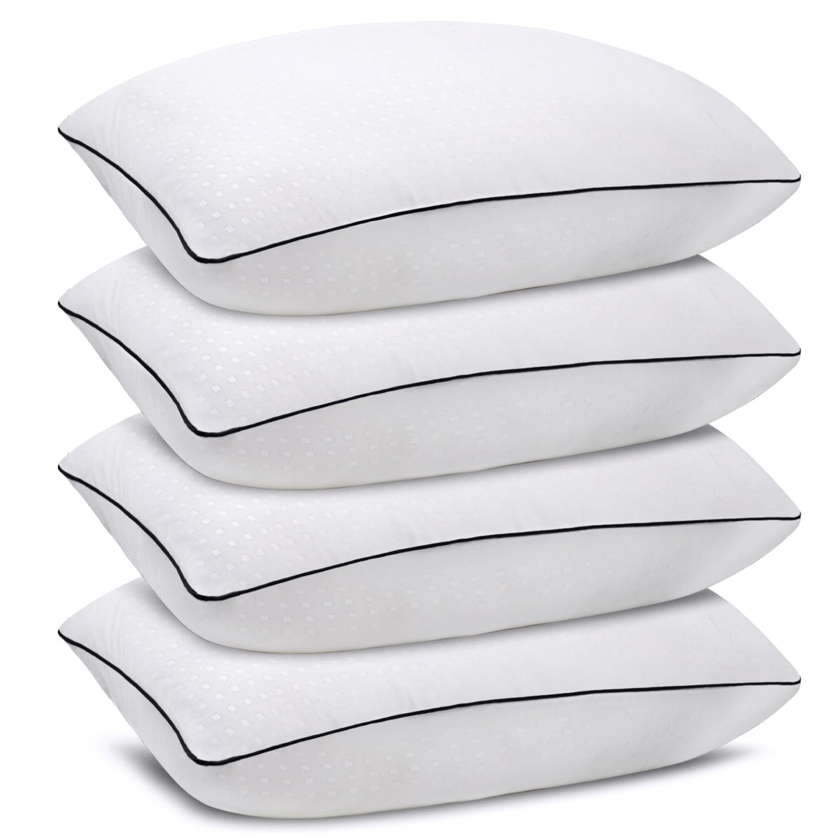 Higoom front view of four queen pillows showing packaging and neat set