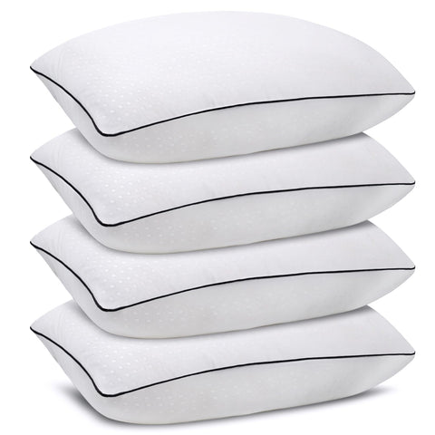Higoom front view of four queen pillows showing packaging and neat set