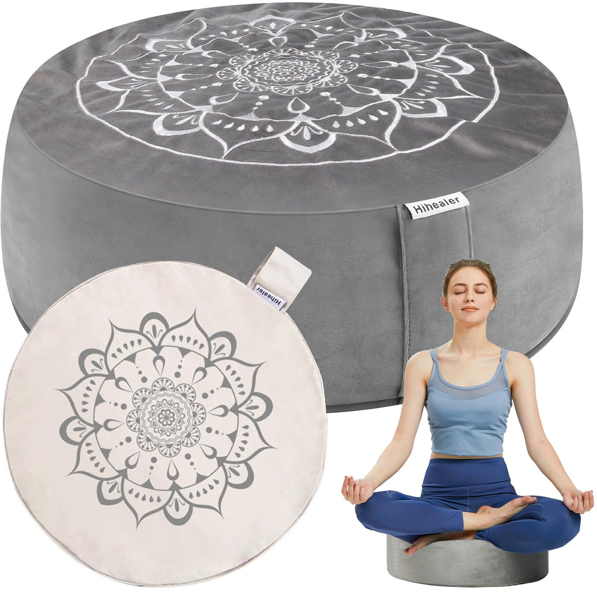 Hihealer front view of velvet zafu showing supportive shape and elegant finish
