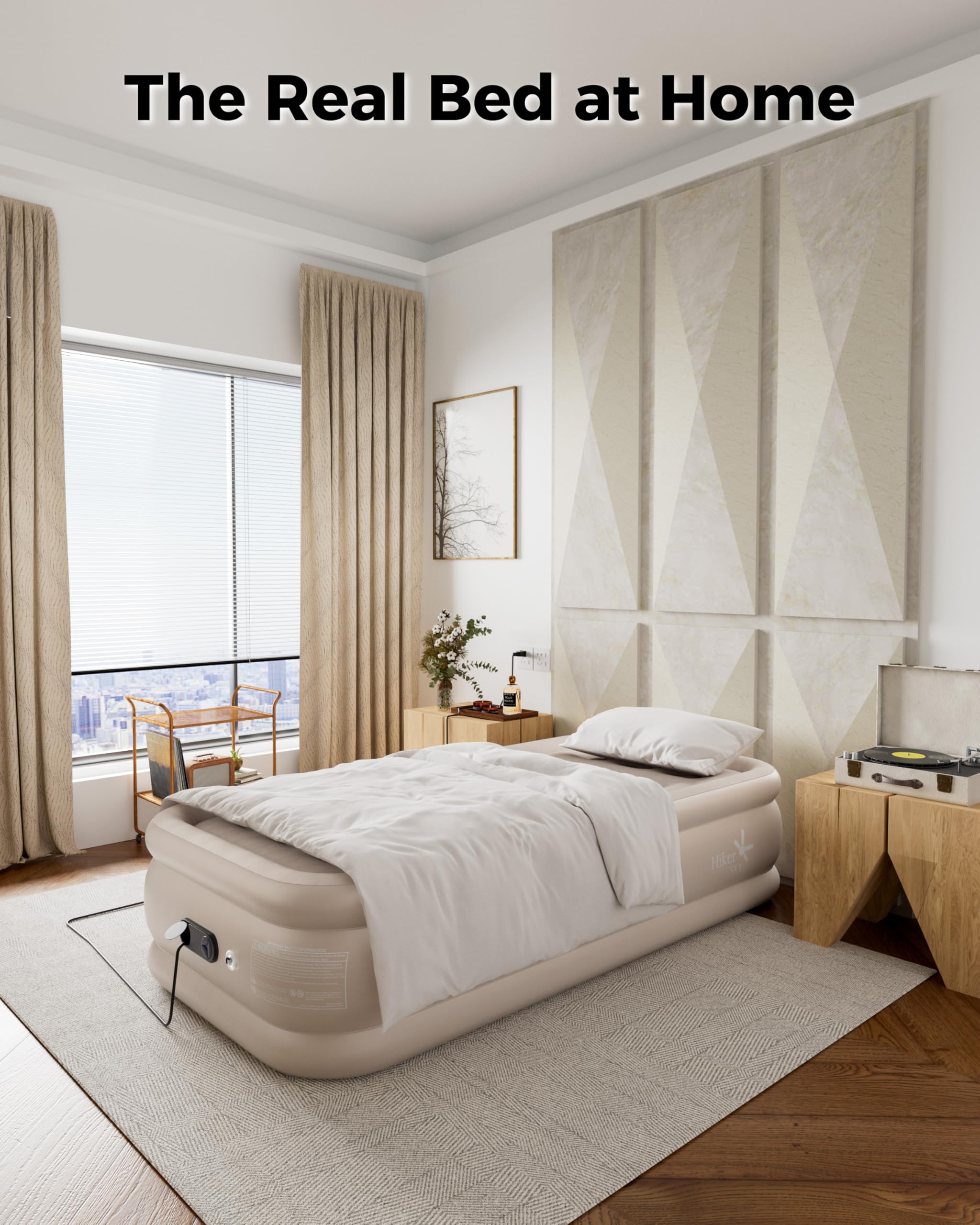 HikerSKY mattress next to chair illustrating 18-inch height for bed-like benefit