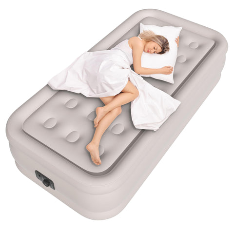 HikerSKY twin mattress front view showing khaki color and inflated height benefit