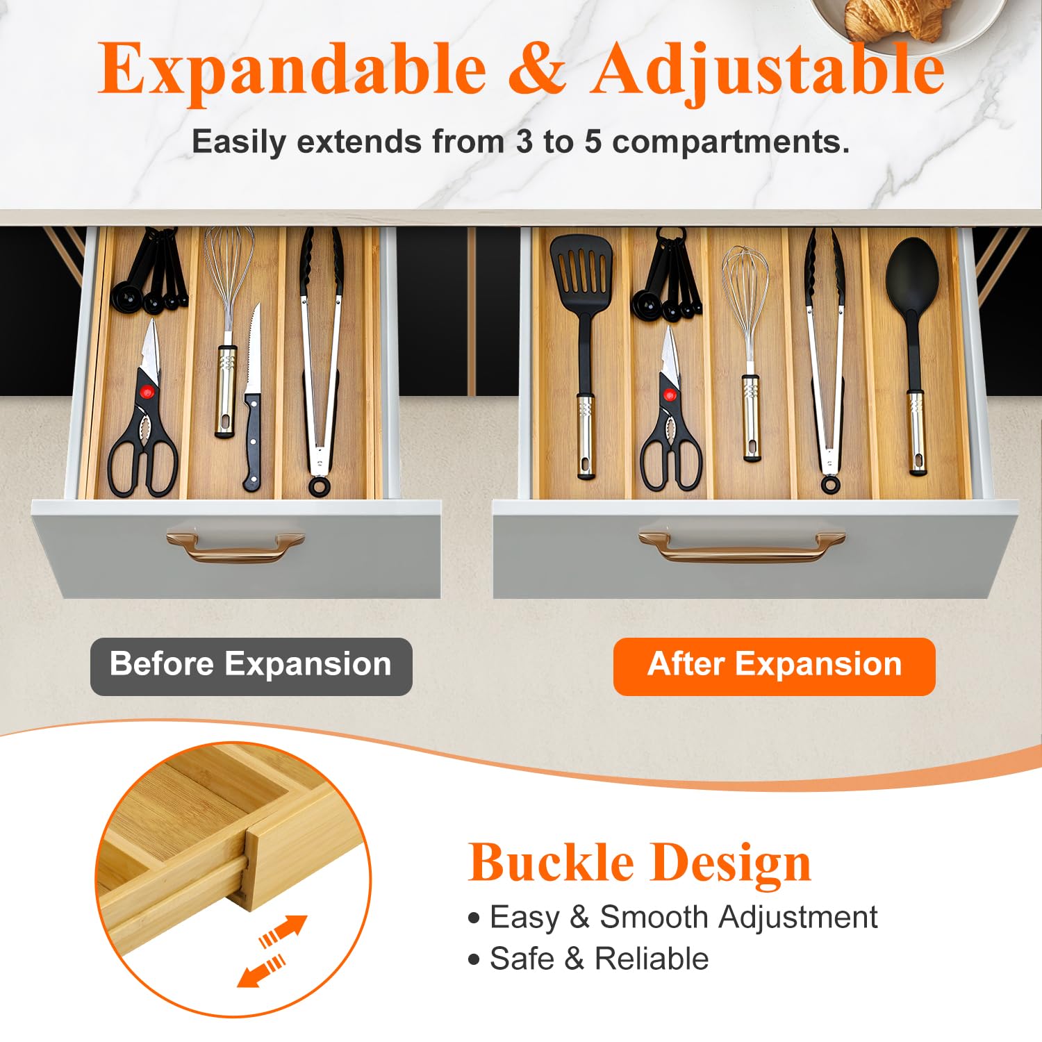 Hilislog organizer collapsed in a shallow drawer showing compact fit and easy storage benefit