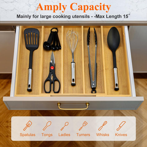 Hilislog organizer fully expanded in drawer demonstrating adjustable capacity and space-saving benefit