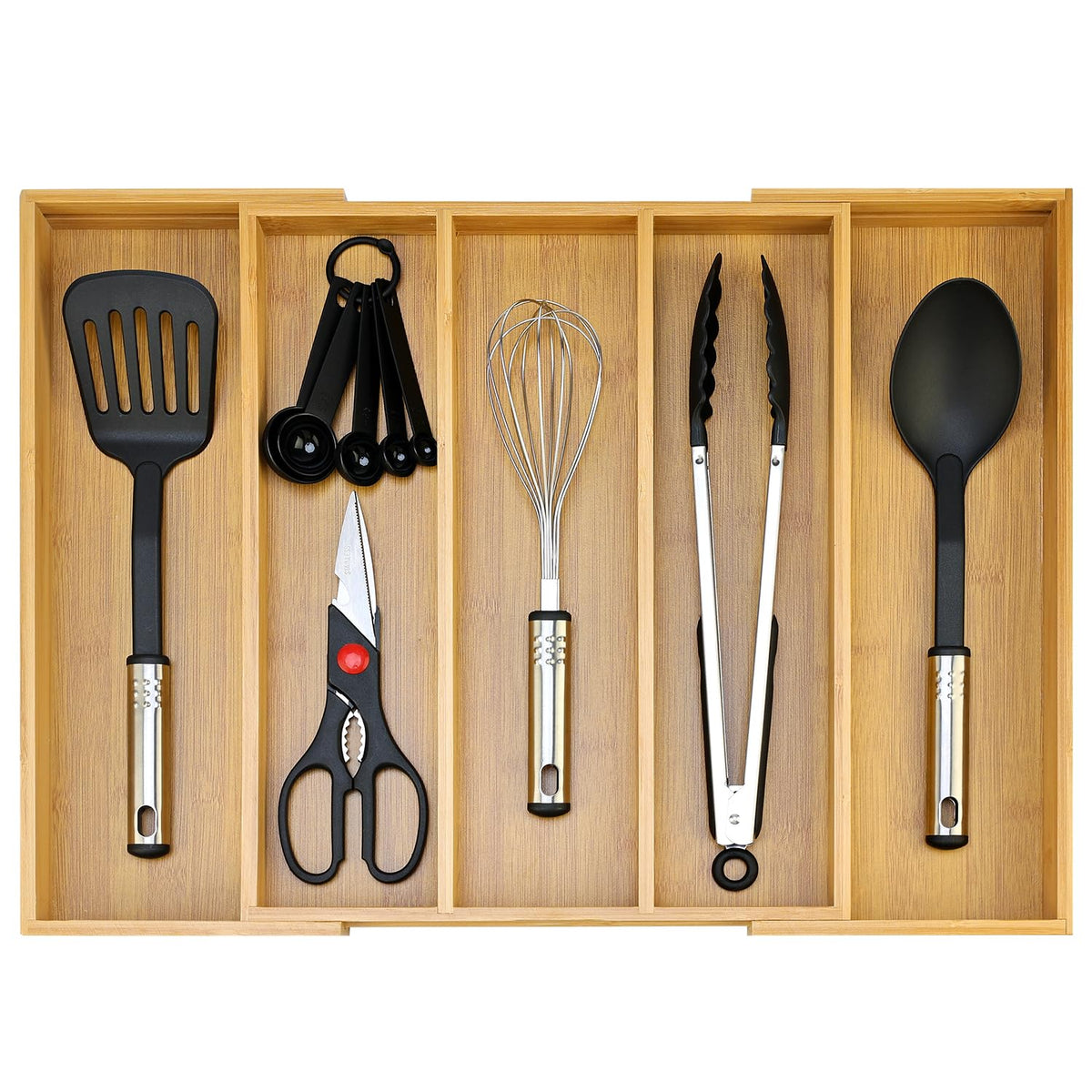 Hilislog front view of organizer showing clean compartments and sturdy bamboo benefit organization