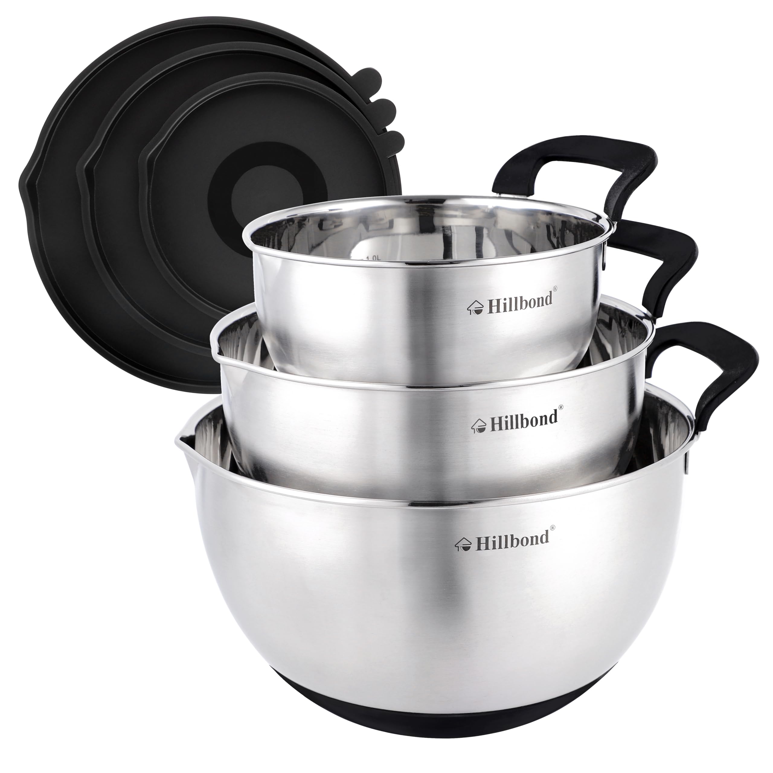 Hillbond black stainless steel mixing bowls set front view showing lids and nested storage benefit