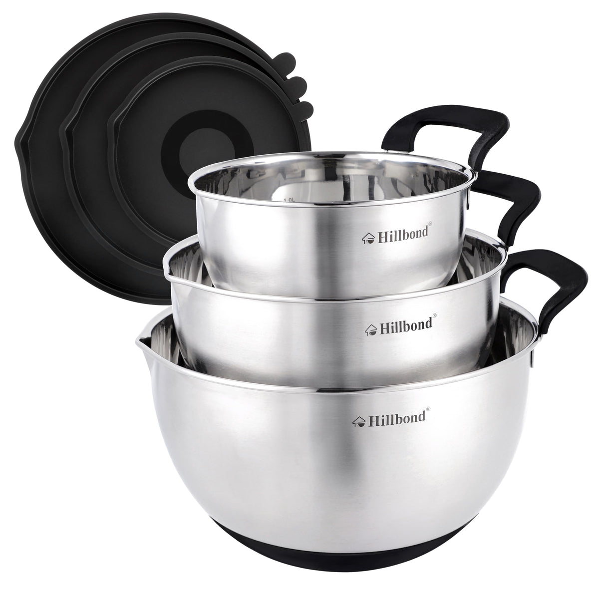 Hillbond black stainless steel mixing bowls set front view showing lids and nested storage benefit