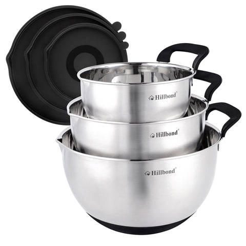 Hillbond black stainless steel mixing bowls set front view showing lids and nested storage benefit