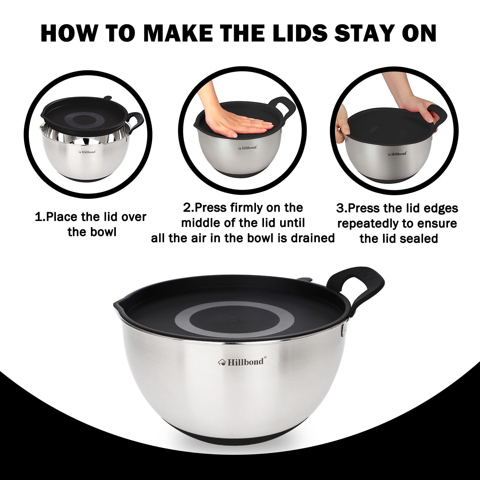 Three Hillbond bowls stacked with lids illustrating compact nesting and space-saving storage