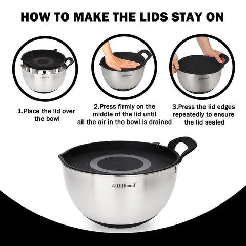 Three Hillbond bowls stacked with lids illustrating compact nesting and space-saving storage