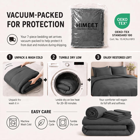 HIMEET vacuum-packed bedding showing compact shipping and easy unpacking benefit