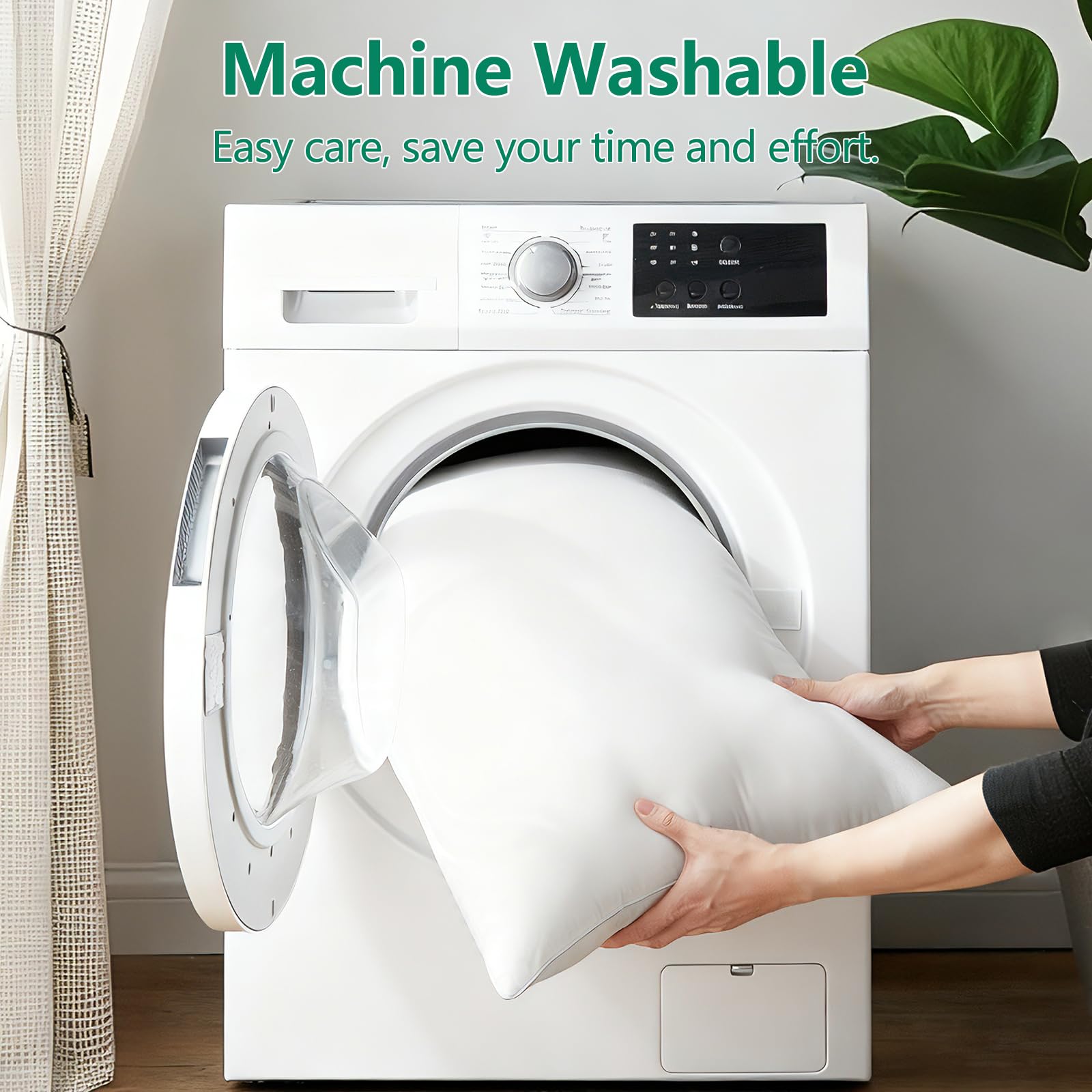 HIMEET pillow inside washing machine indicating machine-washable convenience