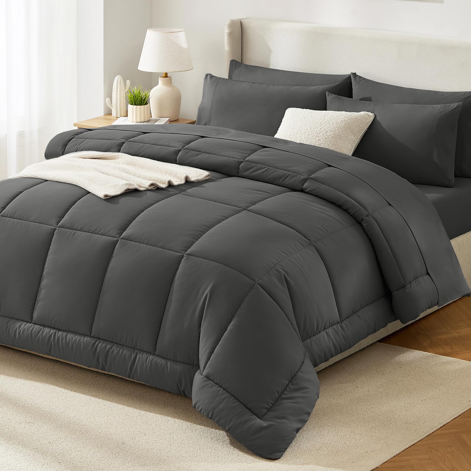 HIMEET front view of dark grey queen comforter set showing complete 7-piece look and serene bedroom benefit