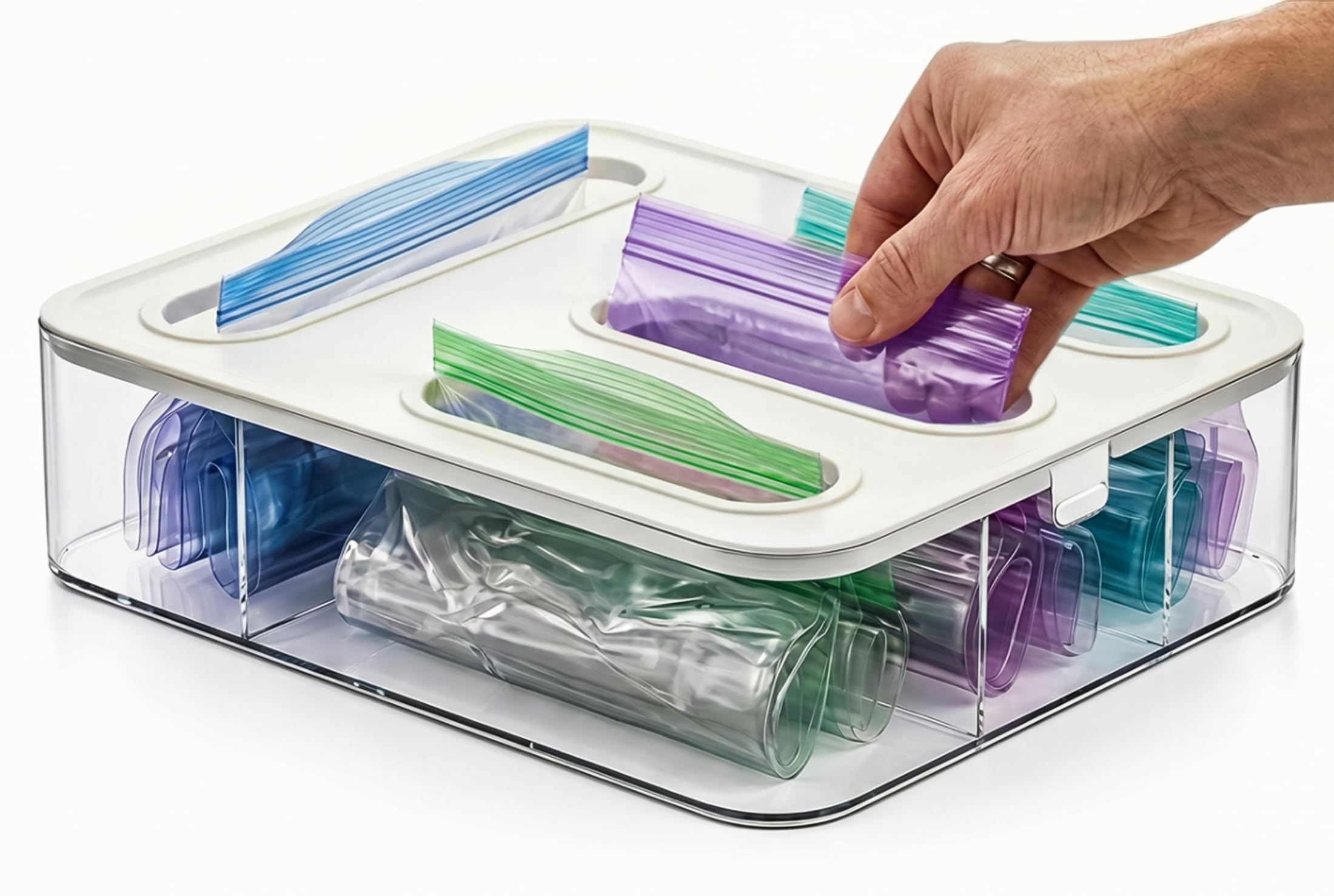HIMUS front view organizer showing four labeled compartments for tidy storage